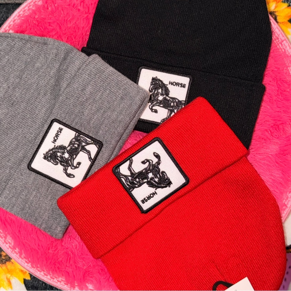 Black, Gray, and Red Beanie Trio
